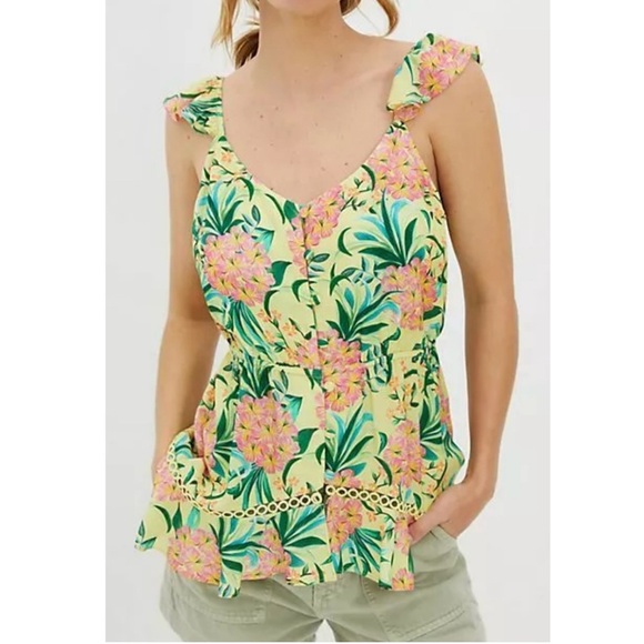 Anthropologie Tops - SOLD-Farm Rio Tropical Floral Ruffled Embroidered Peplum Yellow Pink Sleeveless